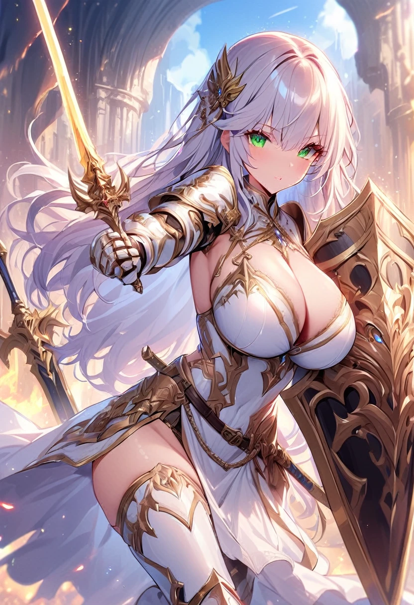 masterpiece,best quality, knight, long hair, silver hair, green eyes,((1girl)), (white_armor), golden ornaments, sword, shield, ((holding sword)), ((big breasts)), exposed belly, 1girl, cleavage, legs exposed, ((shield-over_arm)), ((Perfect face)),add_detail:1, add_detail:0, add_detail:0.5, ((Sword and shield))
