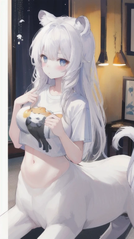 (best quality, masterpiece), 1 girl, centaur, It takes,White skin, belly button t-shirt, 아름다운 소녀 perfect white tiger photo, perfect white tiger photo