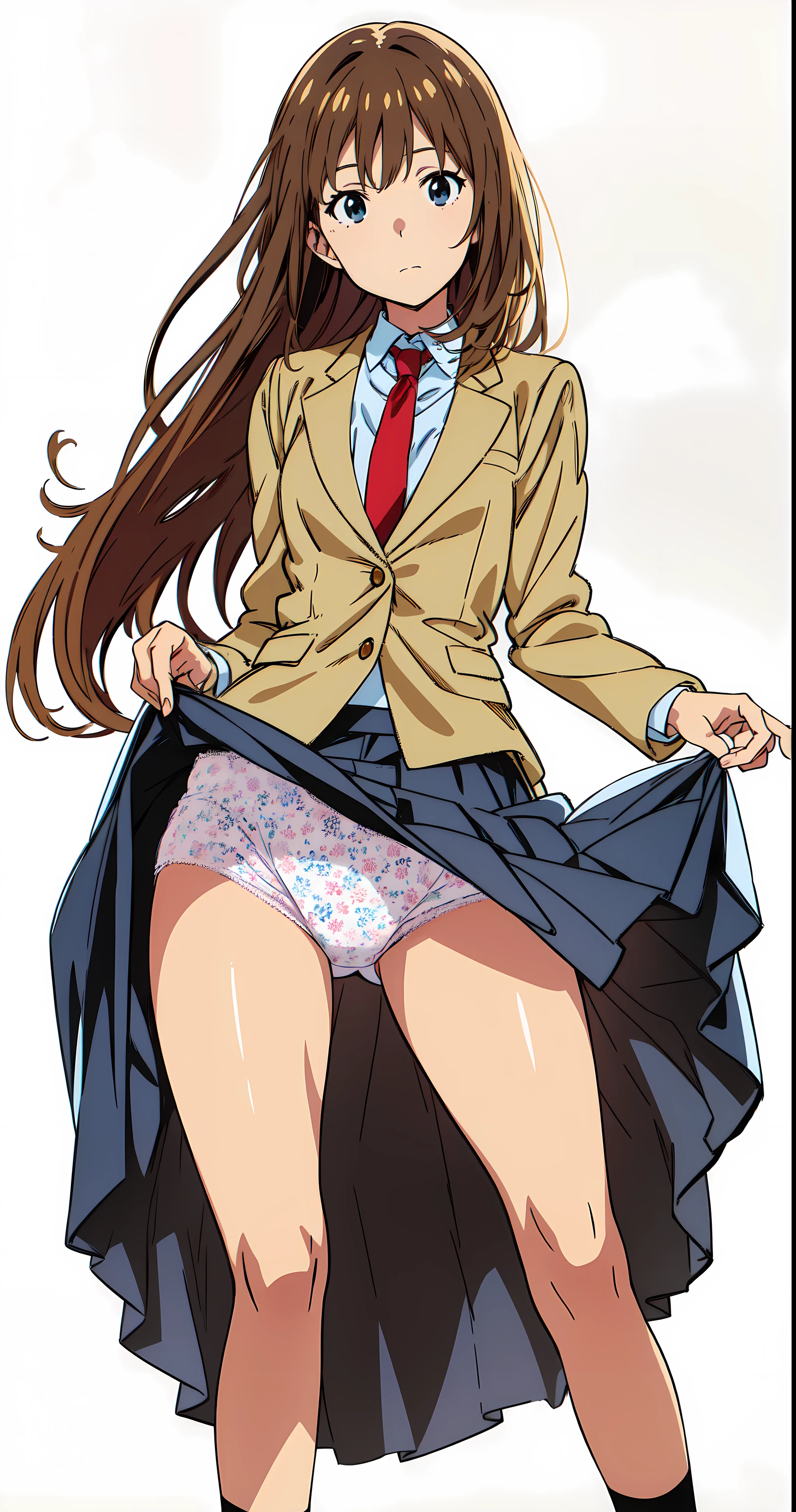 (detailed cotton panties:1.0), (white background:1.0), (best quality:1.0), (masterpiece:1.0), (super fine illustration:1.0), (beautiful artwork:1.0), (anime screencap:1.0), (official art:1.0), (full body:1.0), (solo:1.0), (HSGα:1.0), (a yo cute girl:1.2), (long skirt:1.2), (dark blue skirt:1.0), (pleated skirt:1.0), (school uniform beige blazer:1.0), (red necktie:1.0), (loafers:1.0), (black socks:1.0), (ideal ratio body proportions:1.2), (lanky:1.2), (tall:1.2), (slender:1.2), (small breasts:1.2), (smaller face:1.2), (tareme:1.0), (detailed beautiful eyes:1.0), (detailed beautiful face:1.0), (glowing black eyes:1.0), (long hair:1.0), (brown hair:1.0), (standing:1.0), (looking at viewer:1.0)