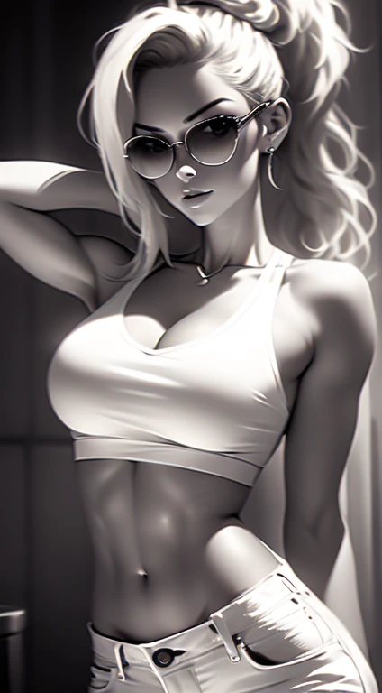 Beautiful 20yr old girl, blonde hair in messy high bun. detailed, toned body, femme fatale, Noir et blanc, monochrome, looking at viewer, skinny jeans, deep round neckline shirt, cleavage, darkrim glasses