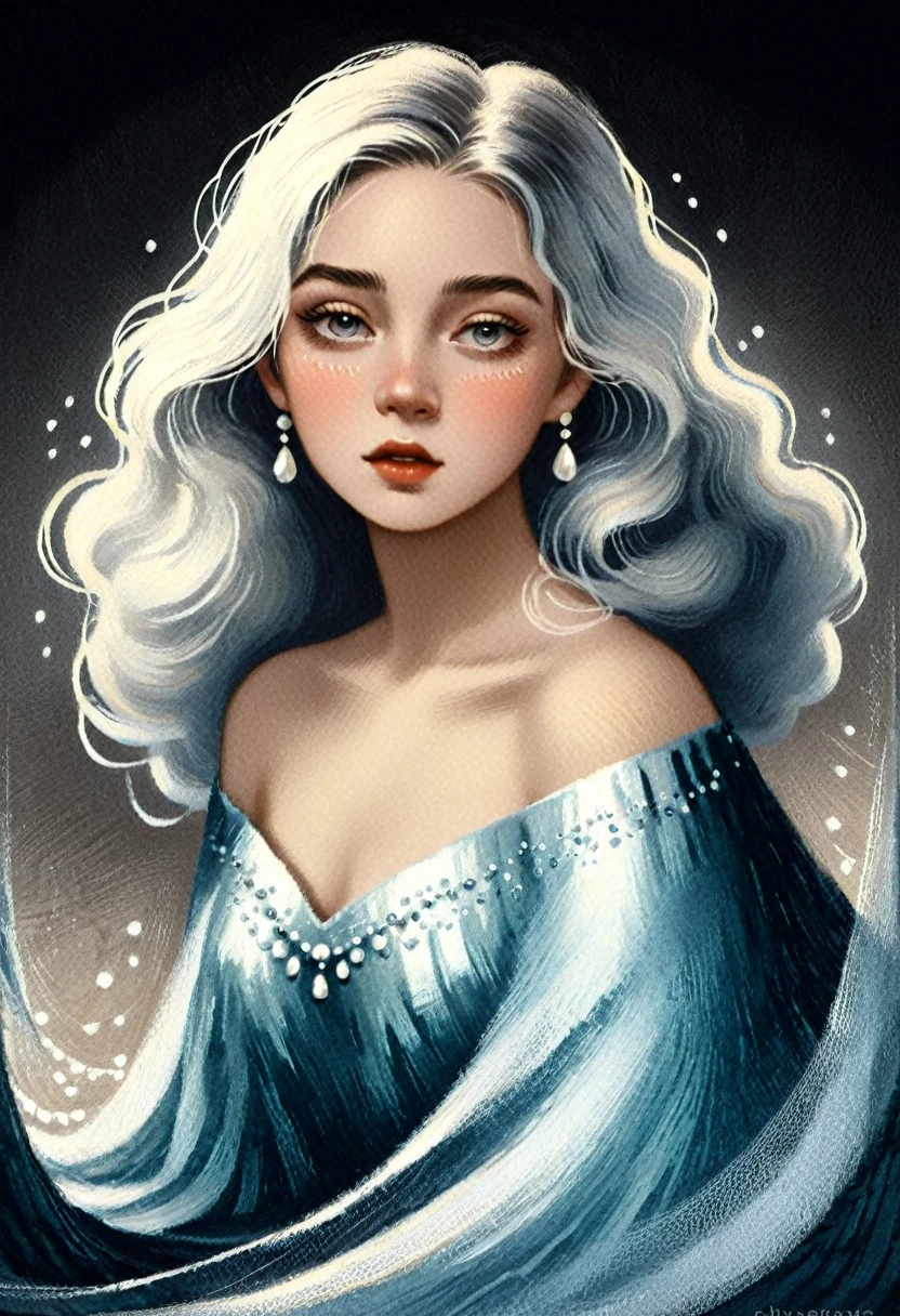 chiaroscuro technique on sensual illustration of a gradient background, soft textures, a woman in a beautiful dress, detailed facial features, long eyelashes, pearl necklace, wavy hair, serene expression, (best quality,4k,8k,highres,masterpiece:1.2),ultra-detailed,(realistic,photorealistic,photo-realistic:1.37),portrait,dramatic lighting,muted color palette,soft focus, the model draped in flowing, Use a gradient or a softly textured background to complement the overall tone
