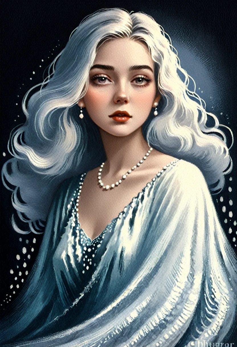 chiaroscuro technique on sensual illustration of a gradient background, soft textures, a woman in a beautiful dress, detailed facial features, long eyelashes, pearl necklace, wavy hair, serene expression, (best quality,4k,8k,highres,masterpiece:1.2),ultra-detailed,(realistic,photorealistic,photo-realistic:1.37),portrait,dramatic lighting,muted color palette,soft focus, the model draped in flowing, Use a gradient or a softly textured background to complement the overall tone