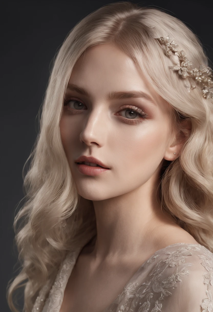 chiaroscuro technique on sensual illustration of a gradient background, soft textures, a woman in a beautiful dress, detailed facial features, long eyelashes, pearl necklace, wavy hair, serene expression, (best quality,4k,8k,highres,masterpiece:1.2),ultra-detailed,(realistic,photorealistic,photo-realistic:1.37),portrait,dramatic lighting,muted color palette,soft focus, the model draped in flowing, Use a gradient or a softly textured background to complement the overall tone