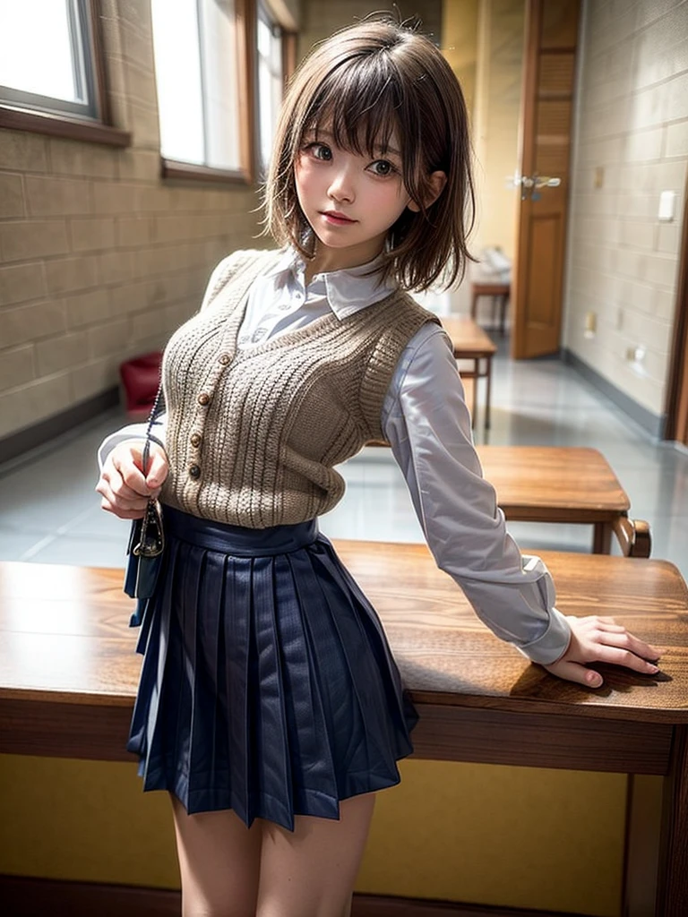 Masterpiece, Top Quality, Top Mikoto, brown eyes, short hair, small breasts, looking at viewer, alone, closed mouth, collared shirt, beige knit vest, dark blue  Skirt, school_uniform, shirt, white_shirt, classroom,Masterpiece, highest quality, 8K, detailed skin texture, fine cloth texture, beautiful detailed face, intricate details, super detailed,cute,cute posing,composition that shows the whole body,