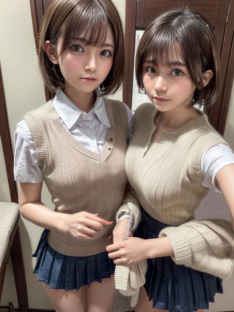 Masterpiece, Top Quality, Top Mikoto, brown eyes, short hair, small breasts, looking at viewer, alone, closed mouth, collared shirt, beige knit vest, dark blue  Skirt, school_uniform, shirt, white_shirt, classroom,Masterpiece, highest quality, 8K, detailed skin texture, fine cloth texture, beautiful detailed face, intricate details, super detailed,cute,cute posing,composition that shows the whole body,