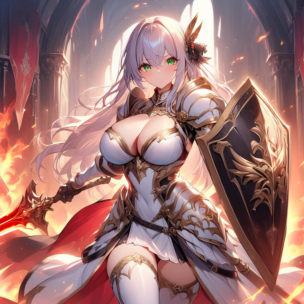 masterpiece,best quality, knight, long hair, silver hair, green eyes,((1girl)), (white_armor), golden ornaments, sword, shield, ((holding sword)), ((big breasts)), exposed belly, 1girl, cleavage, legs exposed, ((shield-over_arm)), ((Perfect face)),add_detail:1, add_detail:0, add_detail:0.5, ((Sword and shield))