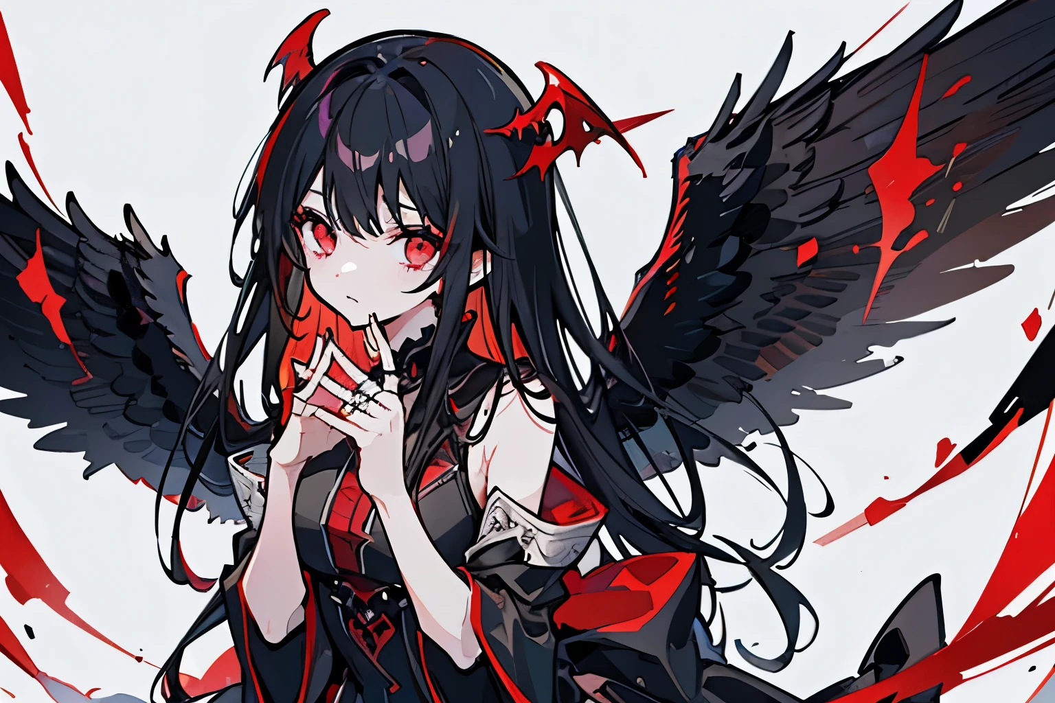 girl、Black Hair、Two black angel wings、Red eyes、Black feathers are falling、Ink drawing、 Ruined Background、Ring of Red Angels、Black Dress、night 、highest quality、Ultra-high resolution、Anime illustration