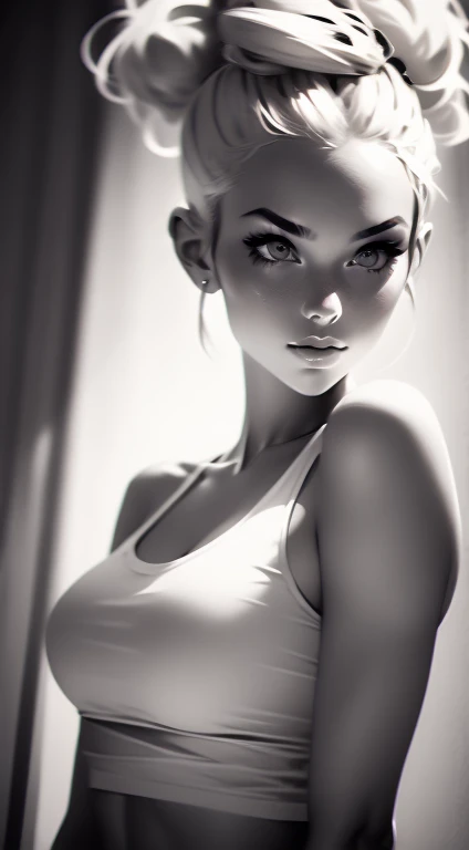 Beautiful 20yr old girl, blonde hair in messy high bun. detailed, toned body, femme fatale, Noir et blanc, monochrome, looking at viewer
