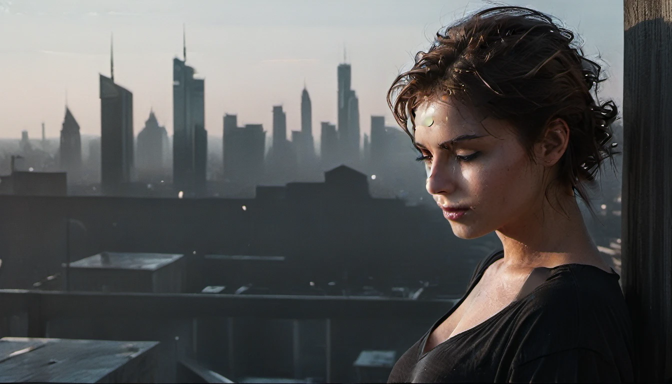 (Best quality, 8k, 32k, Masterpiece, UHD:1.2),Photo of Prety young girl, dark blonde short hair,beauty face,(leaning forward:1.3), posing,(from above:1.2),(close up:1.4),pov,loose oversized t-shirt, wet white t-shirt, exposed shoulders, exposed large breasts, saggy boobs, outdoors,windy,shiny skin, grey background, sunset atmosphere, perfect eyes, (grey-blue eyes)