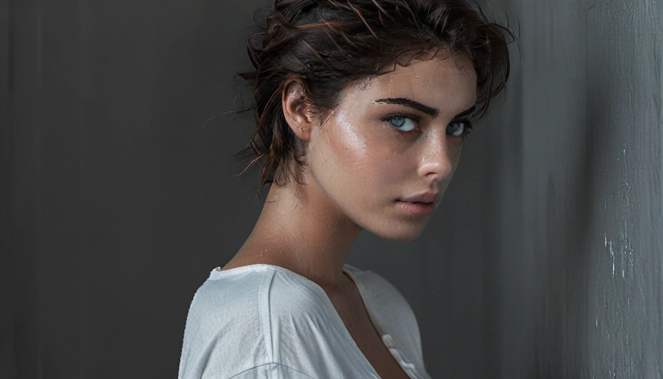 (Best quality, 8k, 32k, Masterpiece, UHD:1.2),Photo of Prety young girl, dark blonde short hair,beauty face,(leaning forward:1.3), posing,(from above:1.2),(close up:1.4),pov,loose oversized t-shirt, wet white t-shirt, exposed shoulders, exposed large breasts, saggy boobs, outdoors,windy,shiny skin, grey background, sunset atmosphere, perfect eyes, (grey-blue eyes)