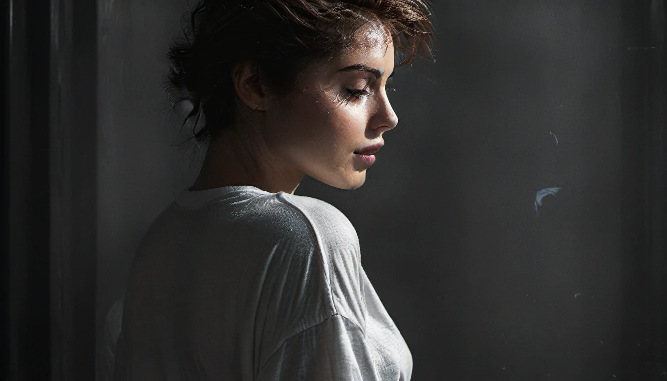 (Best quality, 8k, 32k, Masterpiece, UHD:1.2),Photo of Prety young girl, dark blonde short hair,beauty face,(leaning forward:1.3), posing,(from above:1.2),(close up:1.4),pov,loose oversized t-shirt, wet white t-shirt, exposed shoulders, exposed large breasts, saggy boobs, outdoors,windy,shiny skin, grey background, sunset atmosphere, perfect eyes, (grey-blue eyes)