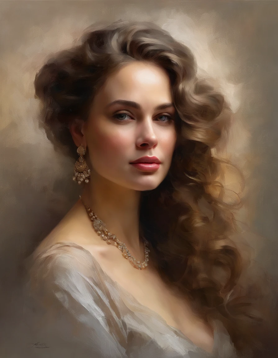 chiaroscuro technique on sensual illustration of a gradient background, soft textures, a woman in a beautiful dress, detailed facial features, long eyelashes, pearl necklace, wavy hair, serene expression, (best quality,4k,8k,highres,masterpiece:1.2),ultra-detailed,(realistic,photorealistic,photo-realistic:1.37),portrait,dramatic lighting,muted color palette,soft focus, the model draped in flowing, Use a gradient or a softly textured background to complement the overall tone