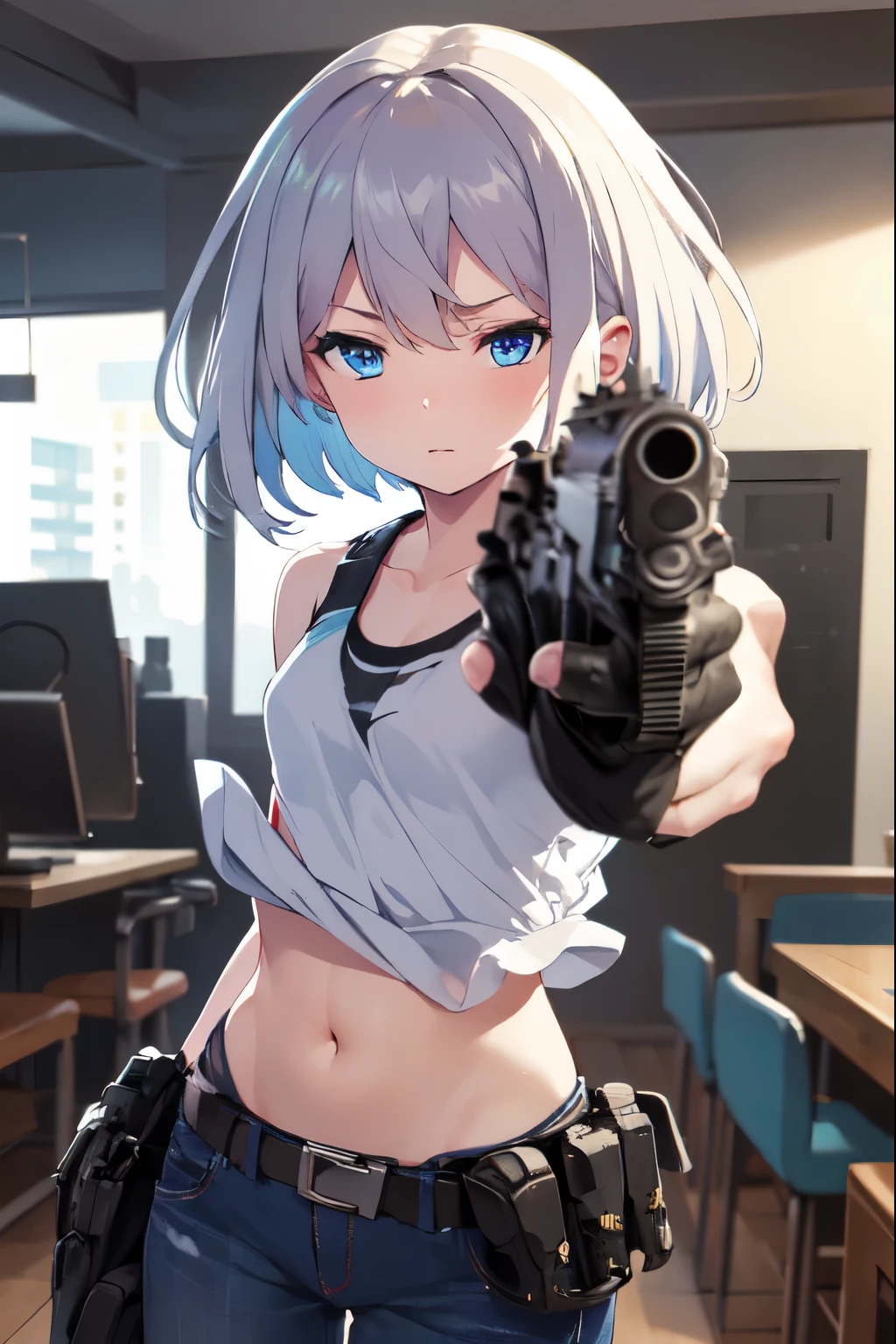 masterpiece, best quality, ultra detailed,   elster, cyborg, 1girl, solo, blue eyes, short hair, blue layered tank tops, jeans, and combat boots, covered navel, holster aiming at viewer, handgun, holding pistol, upper body,