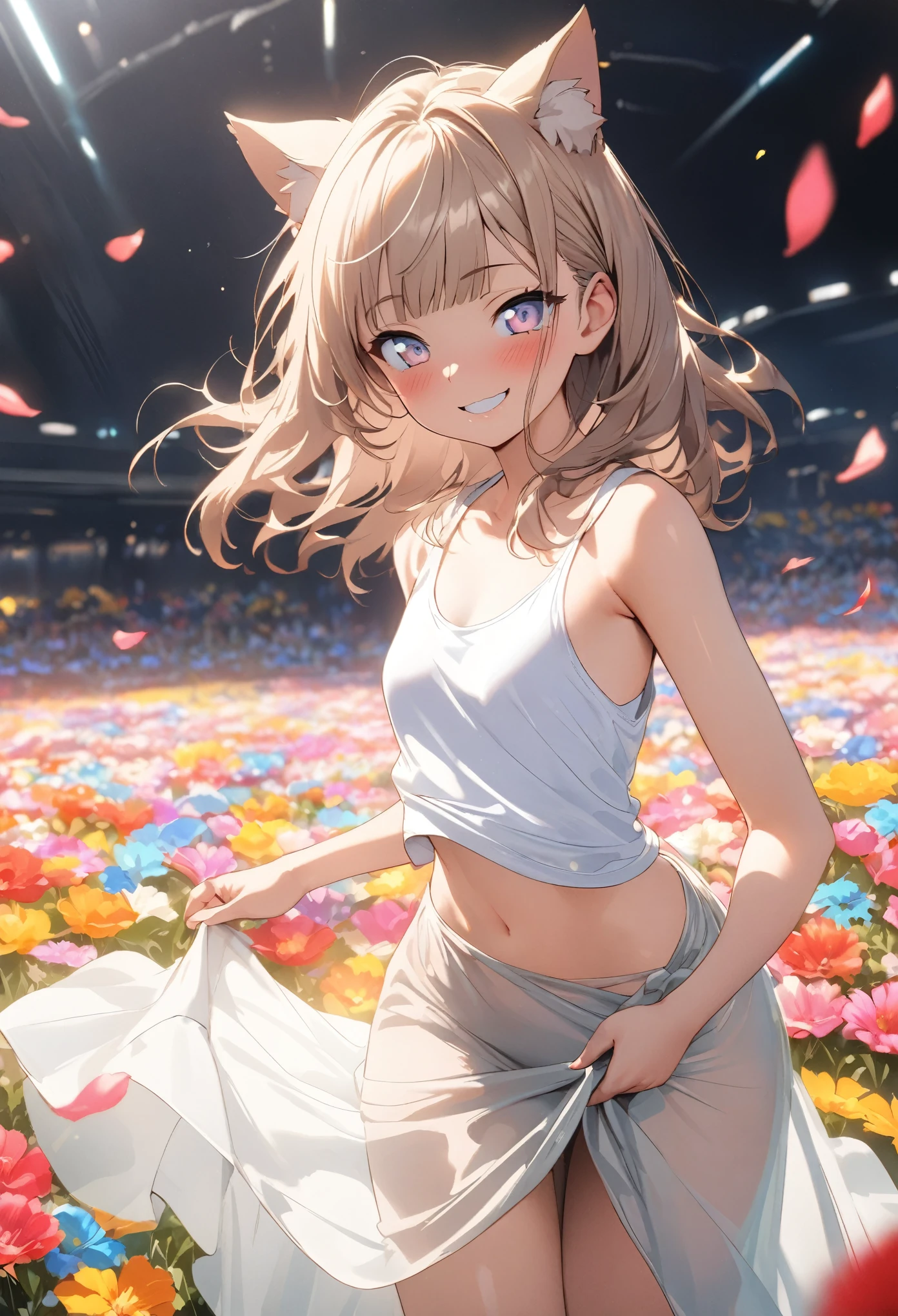 ((Masterpiece)), ((best quality)), (Anime:1.4), (super detail:1.2), (High Definition:1.3), (Professional Photography:1.3), (wide shot), (sharp focus), (perfect light), ((12 years old)), 1girl, cinematic lighting, Textured skin, (cat ears), pale brown hair, messy medium hair, Cute Beautiful teenage girl, (Healthy slim body), (Knit fabric tank top:1.3), no bra, (exposed neck), slendar body, small breast, ((two-tone hair)), (loose blunt bangs), (shaggy hair), ((Wearing long sarong skirt)), (long eyelashes), naughty smile, blush, (Purple Unfocused eyes), beautiful collarbones, (slightly exposed cute thigh), BREAK, ((best quality)), (super detail), (retro-future:1.5), ((pinch the skirt with hand)), (Beautiful colorful flower fields), dancing petals,