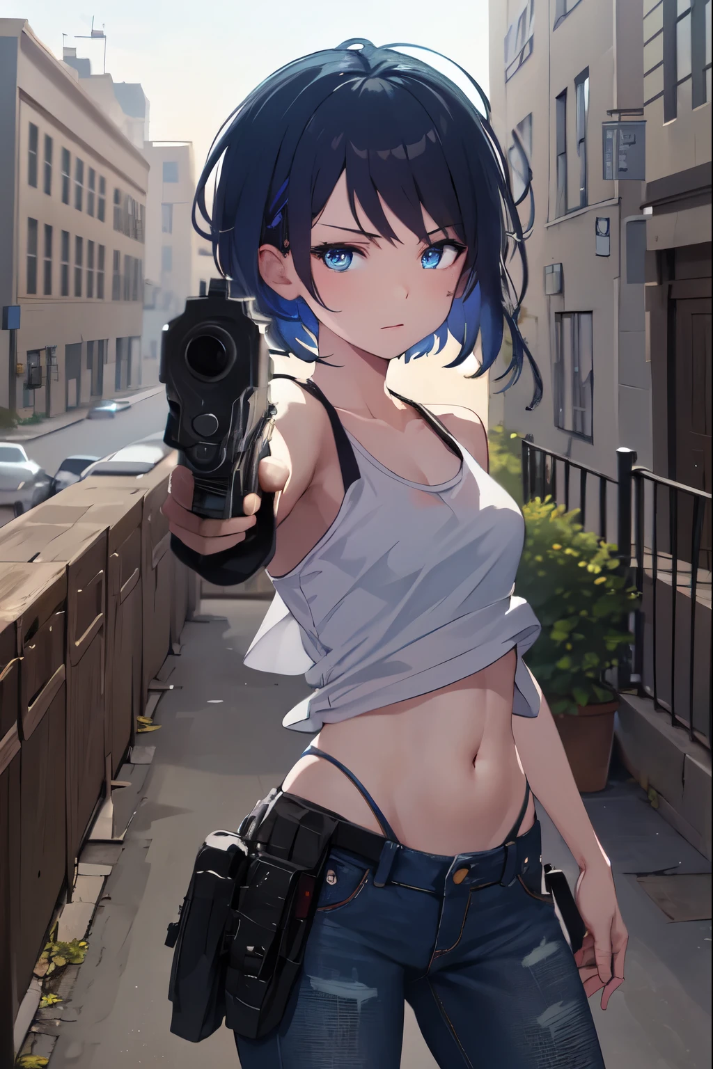 masterpiece, best quality, ultra detailed,   elster, cyborg, 1girl, solo, blue eyes, short hair, blue layered tank tops, jeans, and combat boots, covered navel, holster aiming at viewer, handgun, holding pistol, upper body,