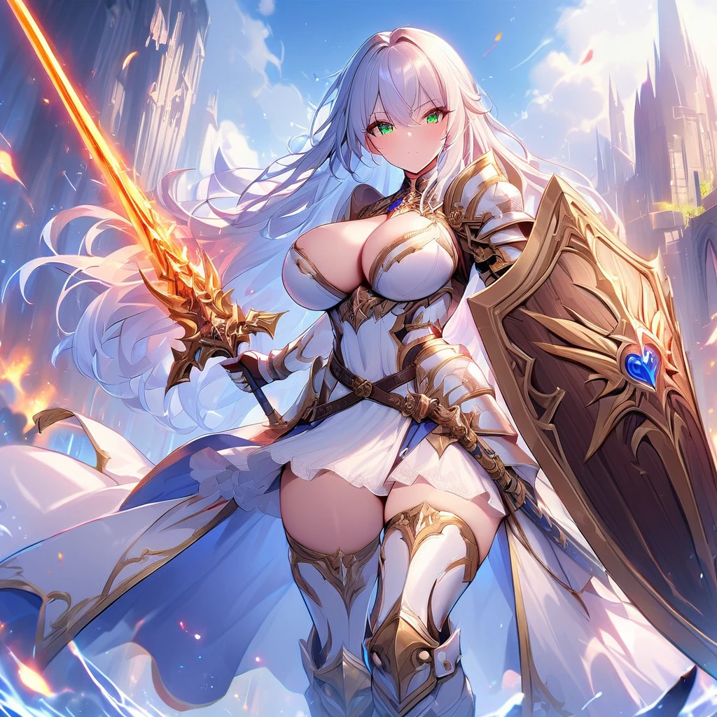 masterpiece,best quality, knight, long hair, silver hair, green eyes,((1girl)), (white_armor), golden ornaments, sword, shield, ((holding sword)), ((big breasts)), exposed belly, 1girl, cleavage, legs exposed, ((shield-over_arm)), ((Perfect face)),add_detail:1, add_detail:0, add_detail:0.5, ((Sword and shield))
