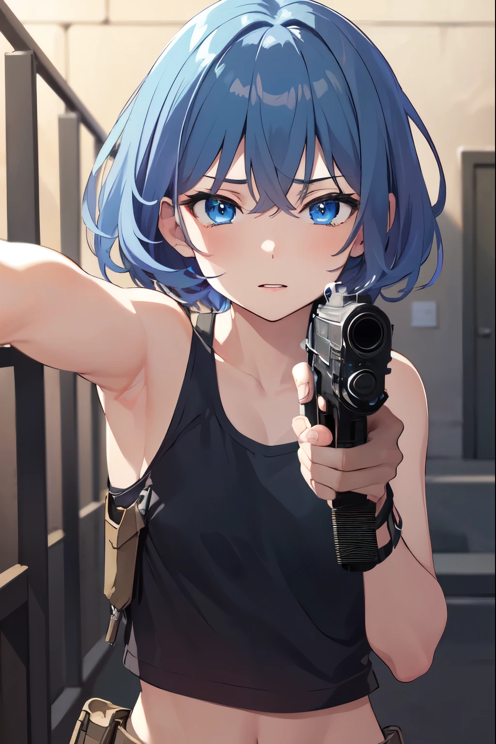 masterpiece, best quality, ultra detailed,   elster, cyborg, 1girl, solo, blue eyes, short hair, blue layered tank tops,combat boots, holster aiming at viewer, handgun, holding pistol, upper body,