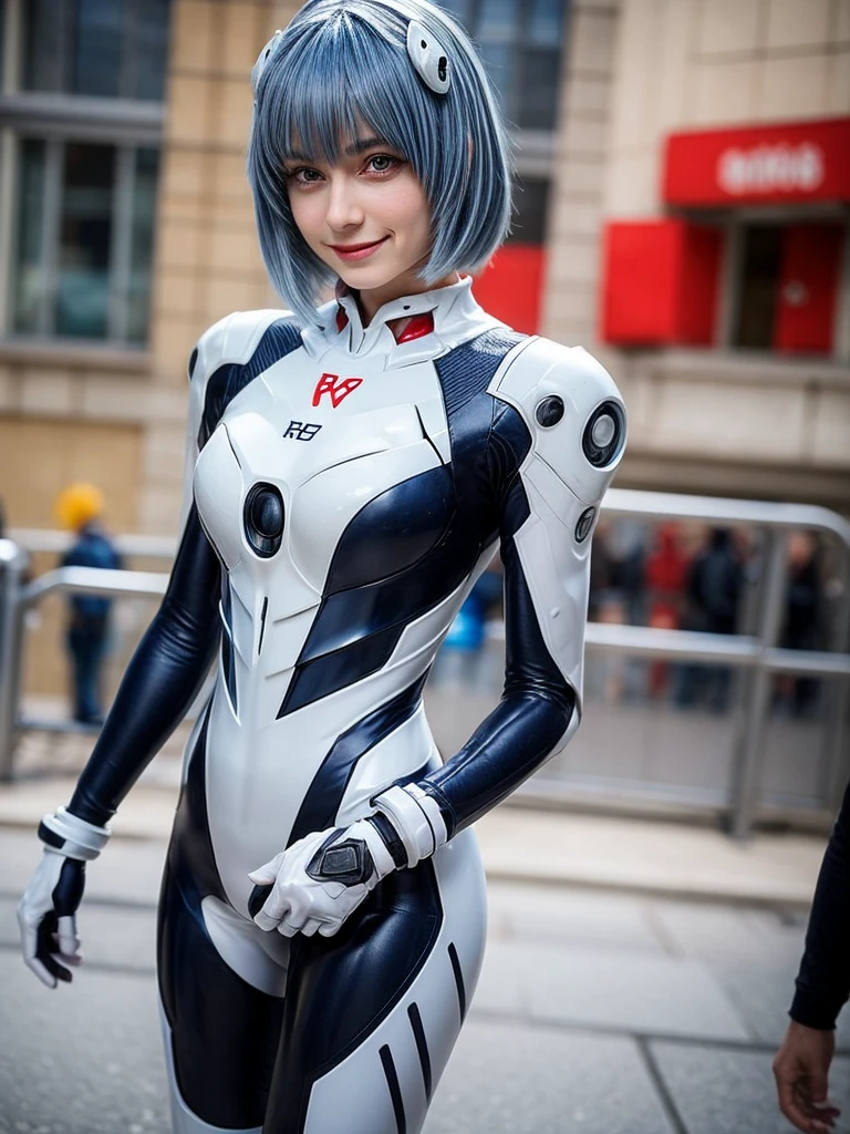 Masterpiece, highest quality, 8K, detailed skin texture, fine cloth texture, beautiful detailed face, intricate details, super detailed, portrait of Rei Ayanami, blue hair, red eyes, looking far away, no background, Evangelion Wearing a plug suit when riding, plug suit, whole body visible, standing, arms crossed, 15 years old, beautiful, cute, great style, smiling,composition that shows the whole body,