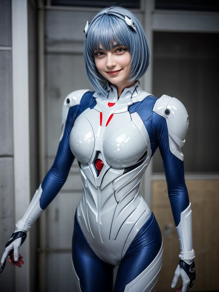 Masterpiece, highest quality, 8K, detailed skin texture, fine cloth texture, beautiful detailed face, intricate details, super detailed, portrait of Rei Ayanami, blue hair, red eyes, looking far away, no background, Evangelion Wearing a plug suit when riding, plug suit, whole body visible, standing, arms crossed, 15 years old, beautiful, cute, great style, smiling,composition that shows the whole body,