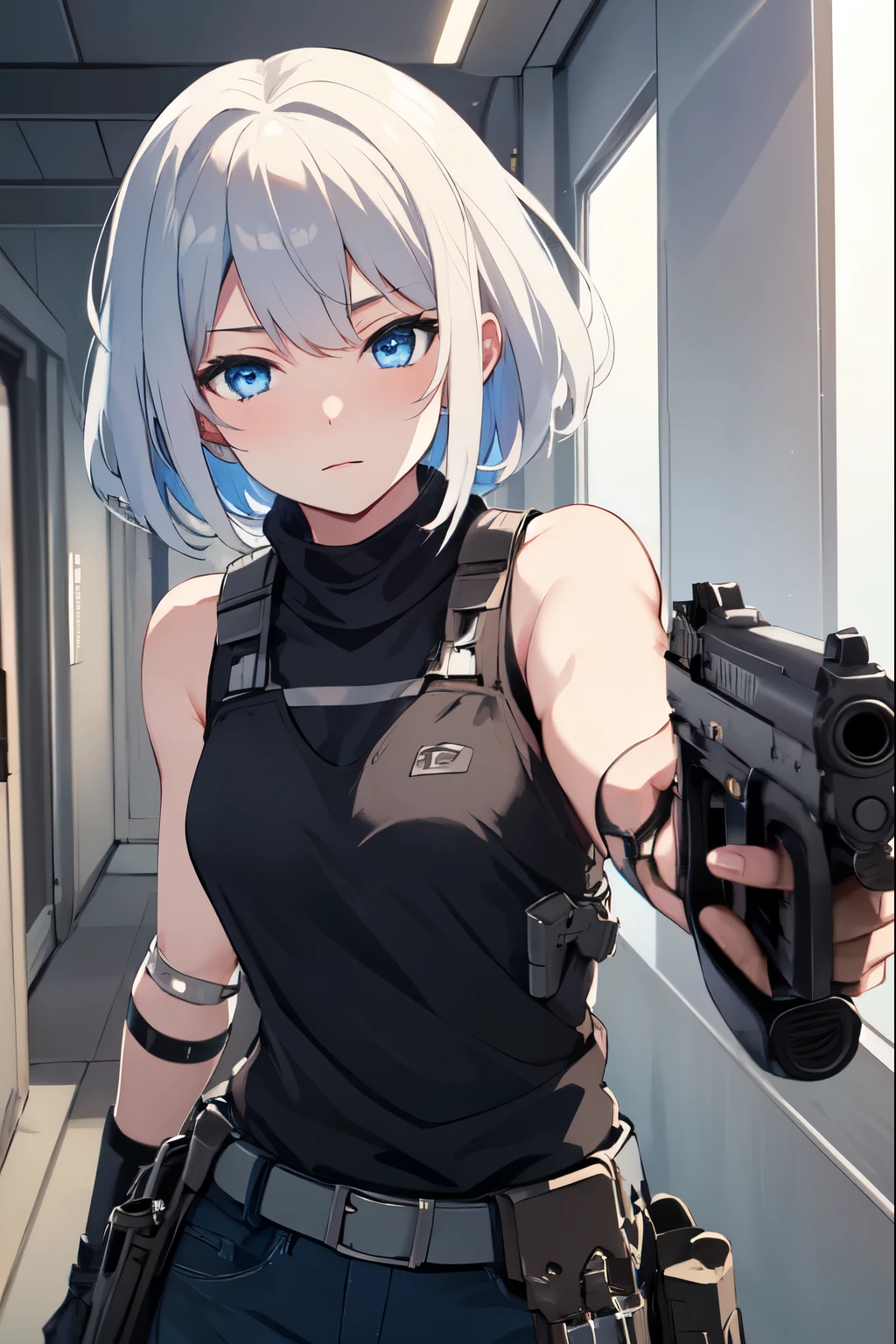 masterpiece, best quality, ultra detailed,   elster, cyborg, 1girl, solo, blue eyes, short hair, blue layered tank tops,combat boots, holster aiming at viewer, handgun, holding pistol, upper body,