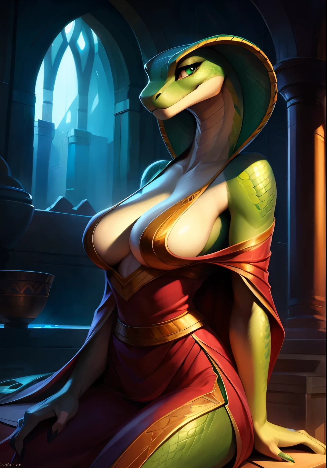 Uploaded on e621, by Pixelsketcher, by Bayard Wu, by Thomas Benjamin Kennington , by Einshelm, solo anthro, BREAK, snake, green snake, sweet look, (detailed Bonifasko lighting), (detailed scales), (detailed skin), green Cobra, (cinematic lighting), ((detailed background)), [explict content], [sharp focus], (questionable content), (shaded), (masterpiece), medium scales breasts, breasts, furry colorful cobra, furry Art, Commission for High Res, anthro Art, Sakimichan beautiful, masterpiece, medium breasts, best quality, detailed image, bright colors, detailed face, perfect lighting, perfect shadows, perfect eyes, cobra eyes, flawless face, big breasts, cobra, scales, snake nose, large long muzzle, green scales, cute face, thin, half-closed eyes, 1girl, solo, (masterpiece), (best quality), detailed scales, ray tracing, good lighting, scales, anthro, showing breasts, looking at viewer, seductive look, bare shoulders, priestess robe, long robe, mage staff