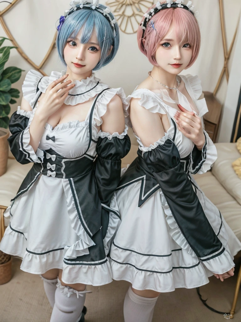 (8K, Photorealistic, Raw photo, of the highest quality: 1.3), (1girl in), Super beautiful, (Realistic face), (boyish, light blue Color Berry Shorthair),(8K, Photorealistic, Raw photo, of the highest quality: 1.3), (1girl in), Super beautiful, (Realistic face), (boyish, pink Color Berry Shorthair), Beautiful , Glare that captivates the viewer, Beautiful expression, Beautiful breasts, (Realistic skin), Be...Create a detailed and colorful image of Ram and Rem from Re:Zero, standing back-to-back in their maid outfits, with a magical fantasy background、14years old, two girls,cute, perfect face, beautiful, nice body, gothic lolita clothes, gothic lolita fashion, frilly skirt, headdress, necklace, bracelet, knee-high socks, boots, double eyelids, tear bags, Detailed down to the fingers, photo-like description, indoors, dim indoor lighting, one girl is pink hair and short bob, another girl is light blue hair and short bob,standing, whole body, composition that shows the whole body, smiling,The Both of them are wearing the same type of maid outfit