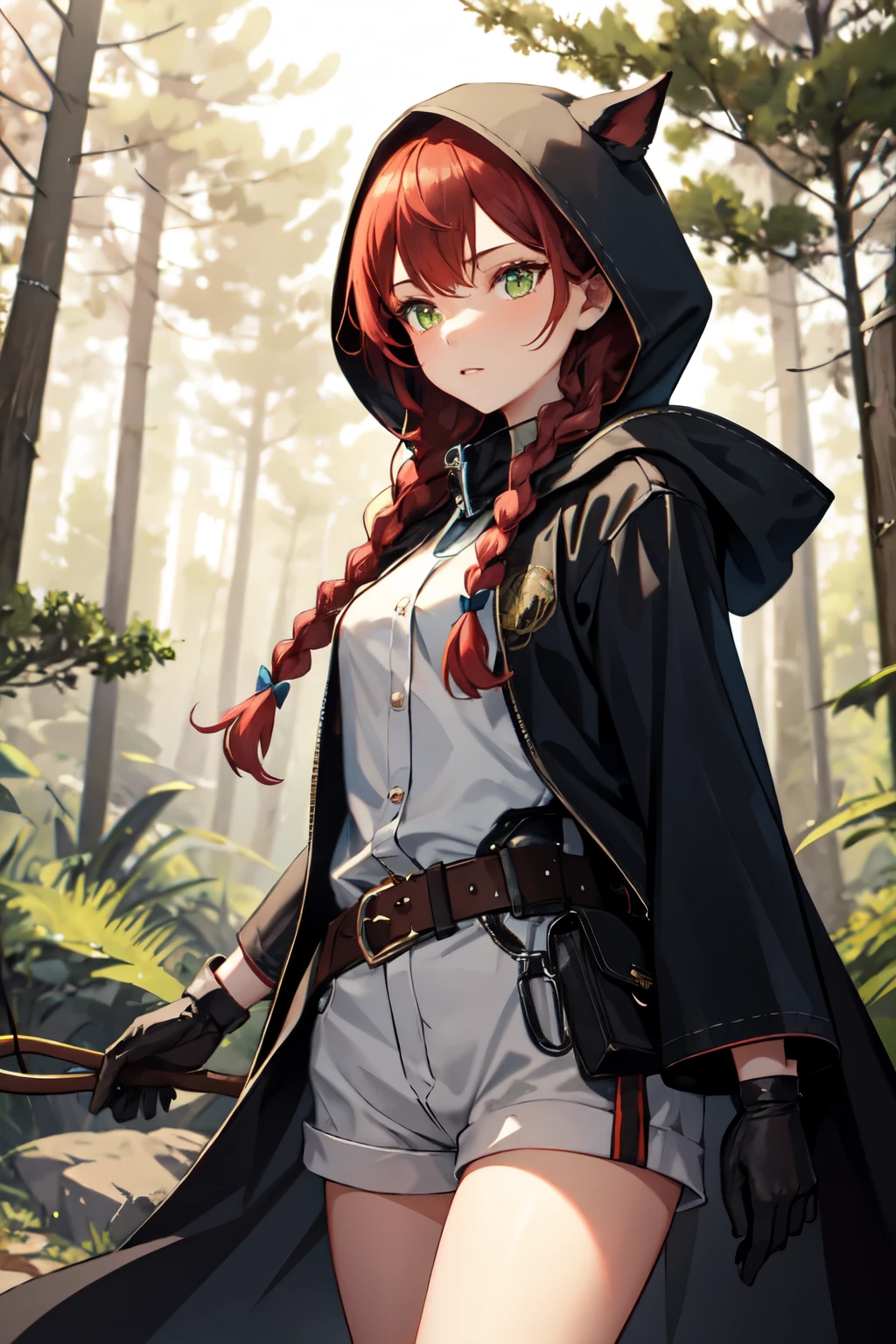 1girl, solo, human, Red hair with braid, twin braids, gloves, green eyes, belt, hood, cloak, long hair,hunter with bow, shorts, Forest in background