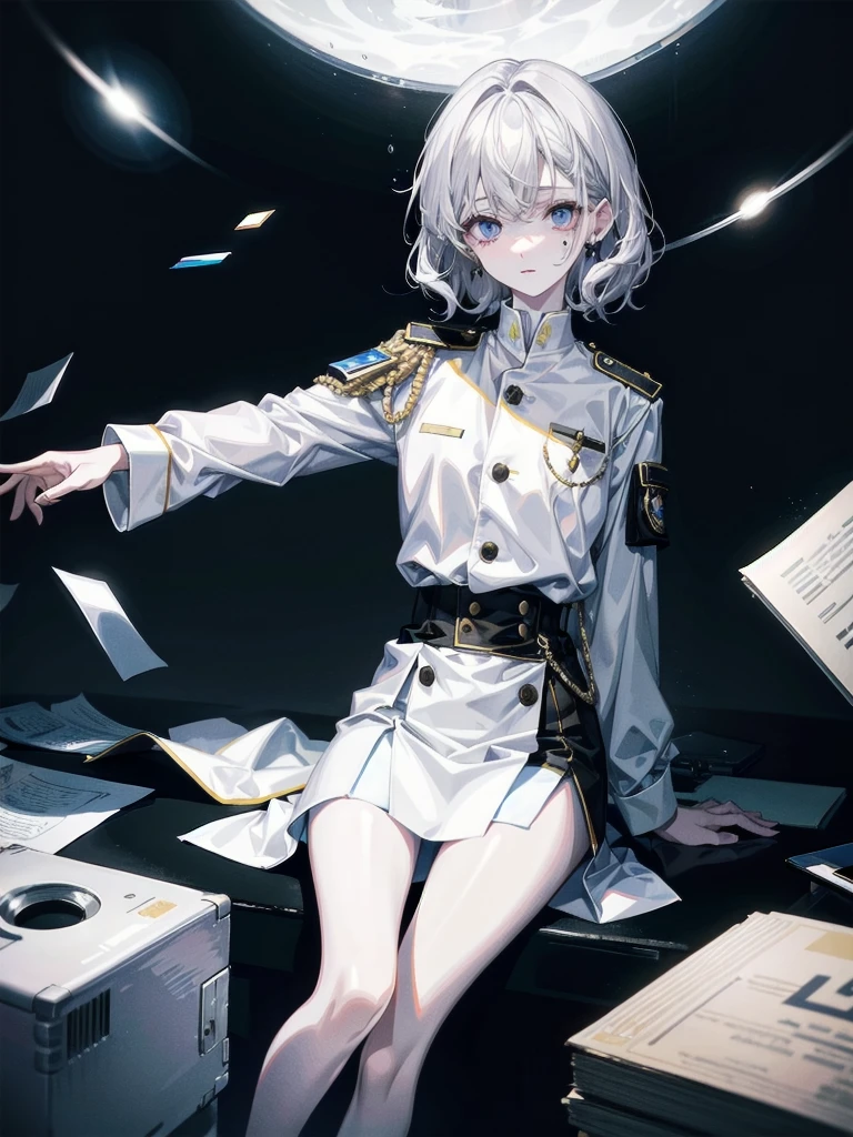 whole body, uniform, pale skin, 20 years old, tearful mole, earring, short medium hair, wavy hair,