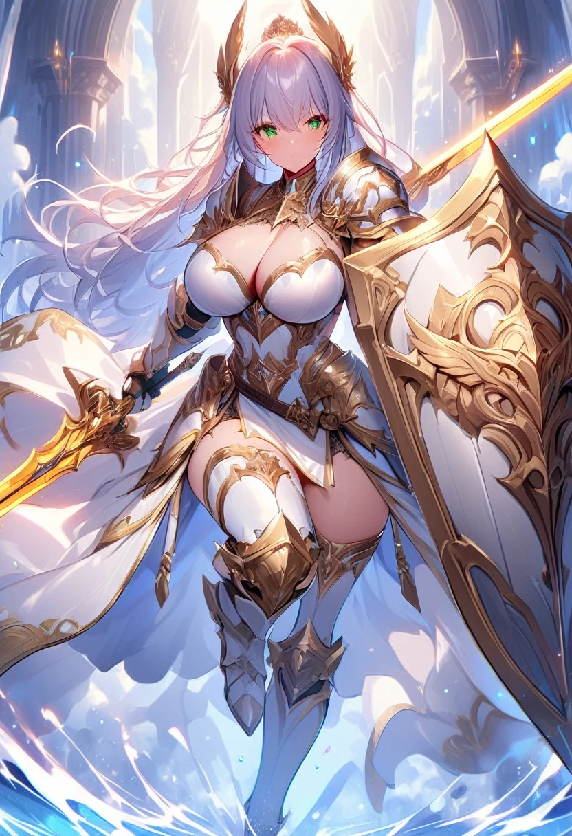 masterpiece,best quality, knight, long hair, silver hair, green eyes,((1girl)), (white_armor), golden ornaments, sword, shield, ((holding sword)), ((big breasts)), exposed belly, 1girl, cleavage, legs exposed, ((shield-over_arm)), ((Perfect face)),add_detail:1, add_detail:0, add_detail:0.5, ((Sword and shield))
