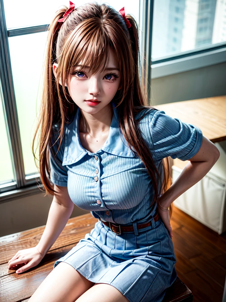(8k, highest quality, Pieces fly:1.2)、Ultra-high resolution、anime,1 very pretty girl,Asuka Langley,Highly detailed face, Fine grain,blue eyes,,White sailor collar plain short sleeve shirt,Light blue skirt,Light Blue Suspenders,uniform_Red ribbon,Orange Hair,Long Hair、Detailed hand and fingers,put your hands in your hair,Grin、sitting on desk,Shooting from above,classroom