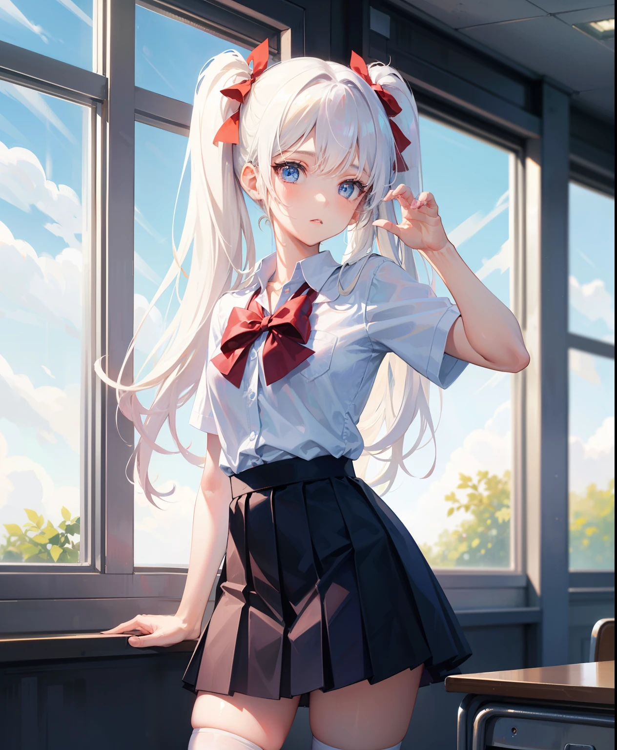 1 girl, 16 years old, Dynamic posing, different pose, Arrange pose,Top quality work, twin tails hair, Show Legs,(long white hair),(blue eyes), Rose cheeks, Pretty Face, A perfectly proportioned face, school white shirt with red bow and black skirt, (school uniform), (school white shirt), white stockings,school, in classroom, round small breasts