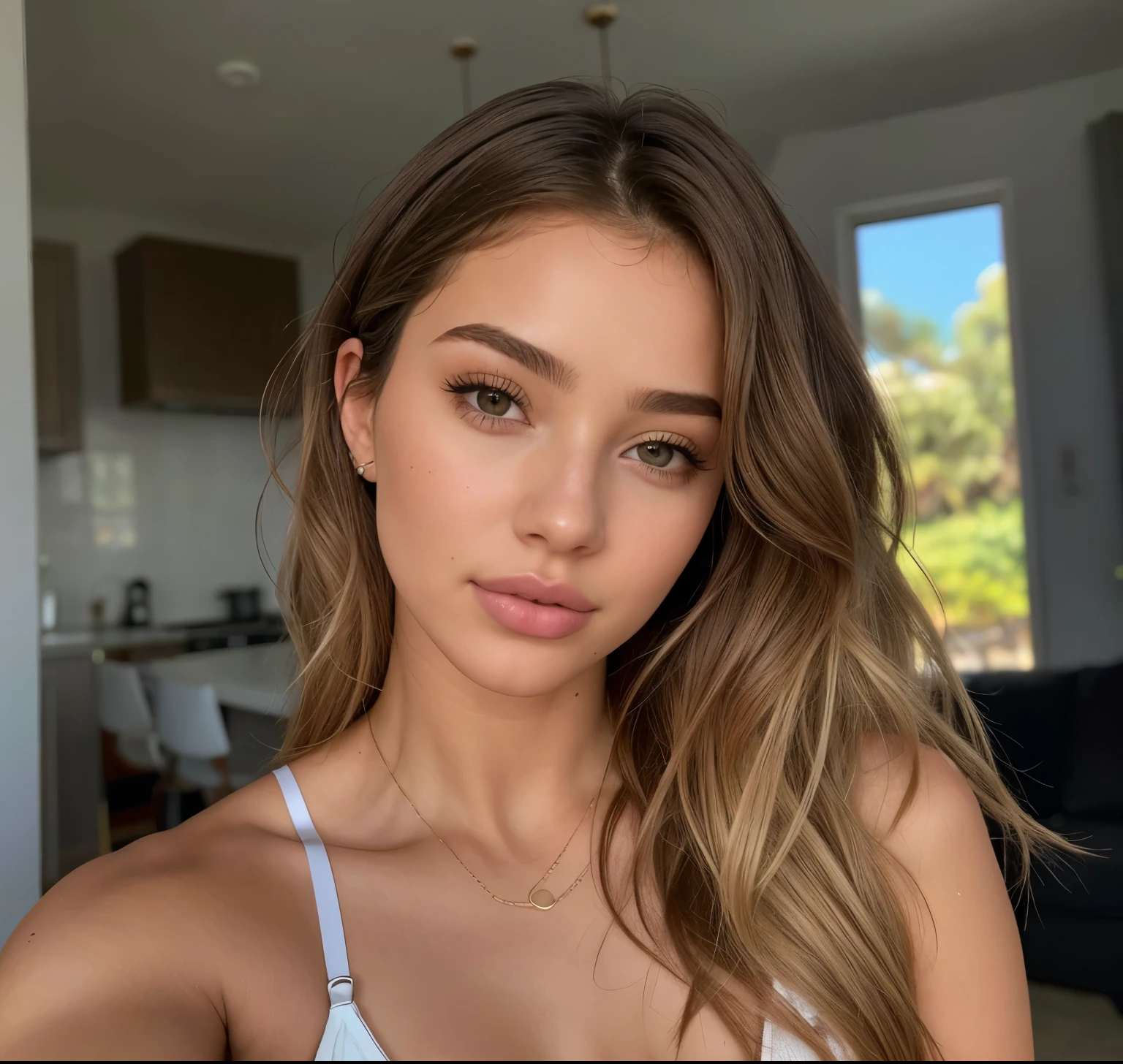 mulher arafed com cabelo longo ondulado e desarrumado, messy hair and white bra, sem maquiagem cabelos ondulados, modelo do instagram, Retrato de Sophie Mudd, Alana Fletcher, lindo rosto atraente, sem maquiagem, garota sexy com olhos verdes, ellie victoria gale, cabelo ondulado na altura dos ombros, rosto extremamente lindo, morena com cabelos tingidos de loiro, taken at the beginning of 2020, linda mulher
