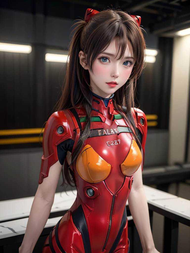 ((Best quality)), ((Masterpiece)), (Details: 1.4), 3D, Asuka Langley Soryu, Asuka, high resolution (high dynamic range), ray tracing, NVIDIA, super resolution, Unreal 5, subsurface scattering ,PBR texturing, post-processing, anisotropic filtering, depth of field, maximum sharpness and sharpness, multi-layered textures, albedo and specular maps, surface shading, accurate simulation of light and matter interaction, perfect proportions ,Octane Rendering,Two-Tone Lighting,Wide Aperture,Low ISO,White Balance,Rule of Thirds,8K RAW,(Masterpiece: 1.4, Best Quality), (Intricate Details), Unity8k Wallpaper, Highly Detailed, Beautiful and Mysterious, Details background, realistic, alone, perfectly detailed face, detailed blue eyes, highly detailed, blush, hair ornament, chignon mahogany hair, (blonde), plug suit 02, Shikinami Asuka Langley, Evangelion, Slender 15-year-old girl, full body suit, black background, above the waist,composition that shows the whole body,