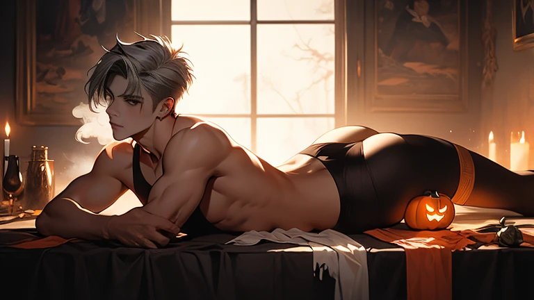 Lying on his stomach puffs of transparent Orange steam gather into the figure of a young man + in tight-fitting tights + aesthetically pleasing + beautiful + high resolution + hyperrealism + professional photo, Young guy, pronounced muscles, fifteen years old, posing, offering himself, tempting, erotic, in a thong, erotic, provocative Halloween costume, Rear top view, European appearance , daring, brutal hairstyle, large voluminous elastic lush buttocks, torn fabric exposed, ART painting, white hair, attractive uncovered male figure, full-length silhouette, image of insidious seduction, professional photo,