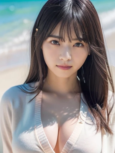 (RAW Photos: 1.2), (Realistic: 1.4), (highest quality: 1.4), Ultra-high resolution, (Fine Eyes),Nude Photos,Full body photo、Gravure photo,1. High school girl,(Large Breasts),You can see the chest、Black Hair,((White blouse、pastel cardigan)),Bright Eyes,Blushing,smile,Highly detailed face and skin texture, Healthy Skin,(Beach),8K resolution