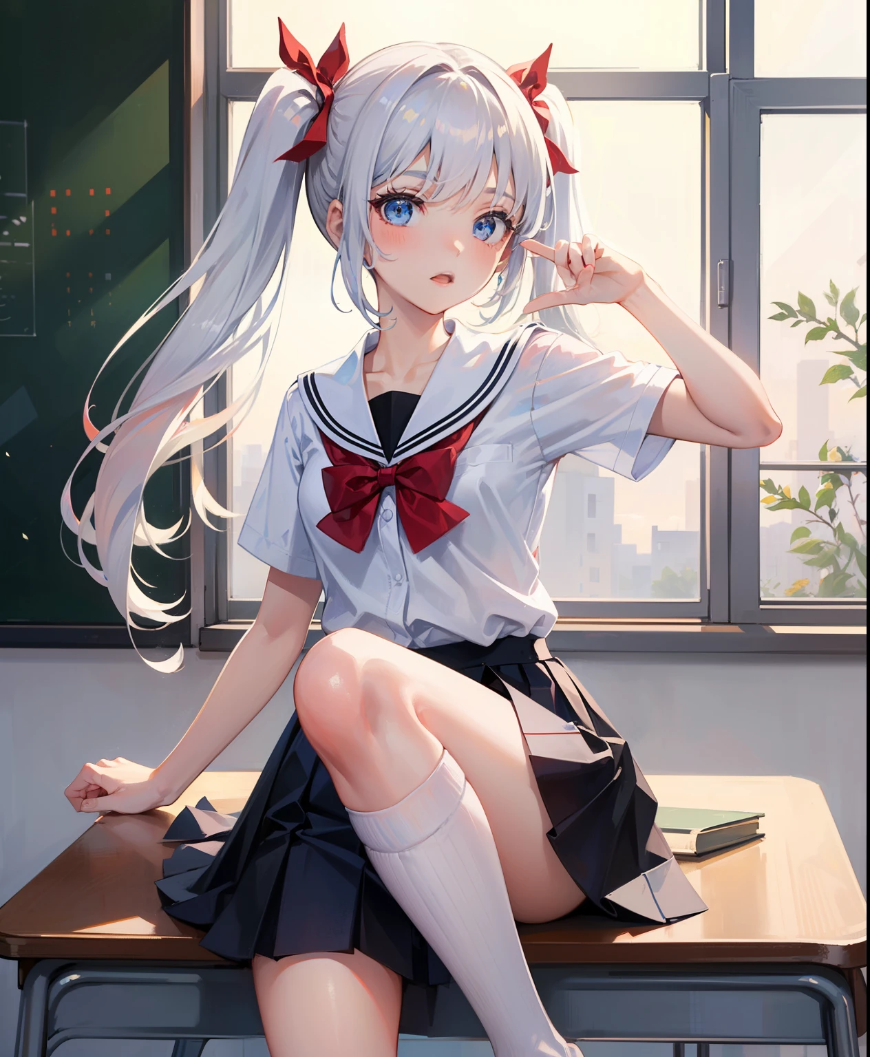 1 girl, , Dynamic posing, different pose, Arrange pose,Top quality work, twin tails hair, Show Legs,(long white hair),(blue eyes), Rose cheeks, Pretty Face, A perfectly proportioned face, school white shirt with red bow and black skirt, (school uniform), (school white shirt), white stockings，school, in classroom,  round small breasts