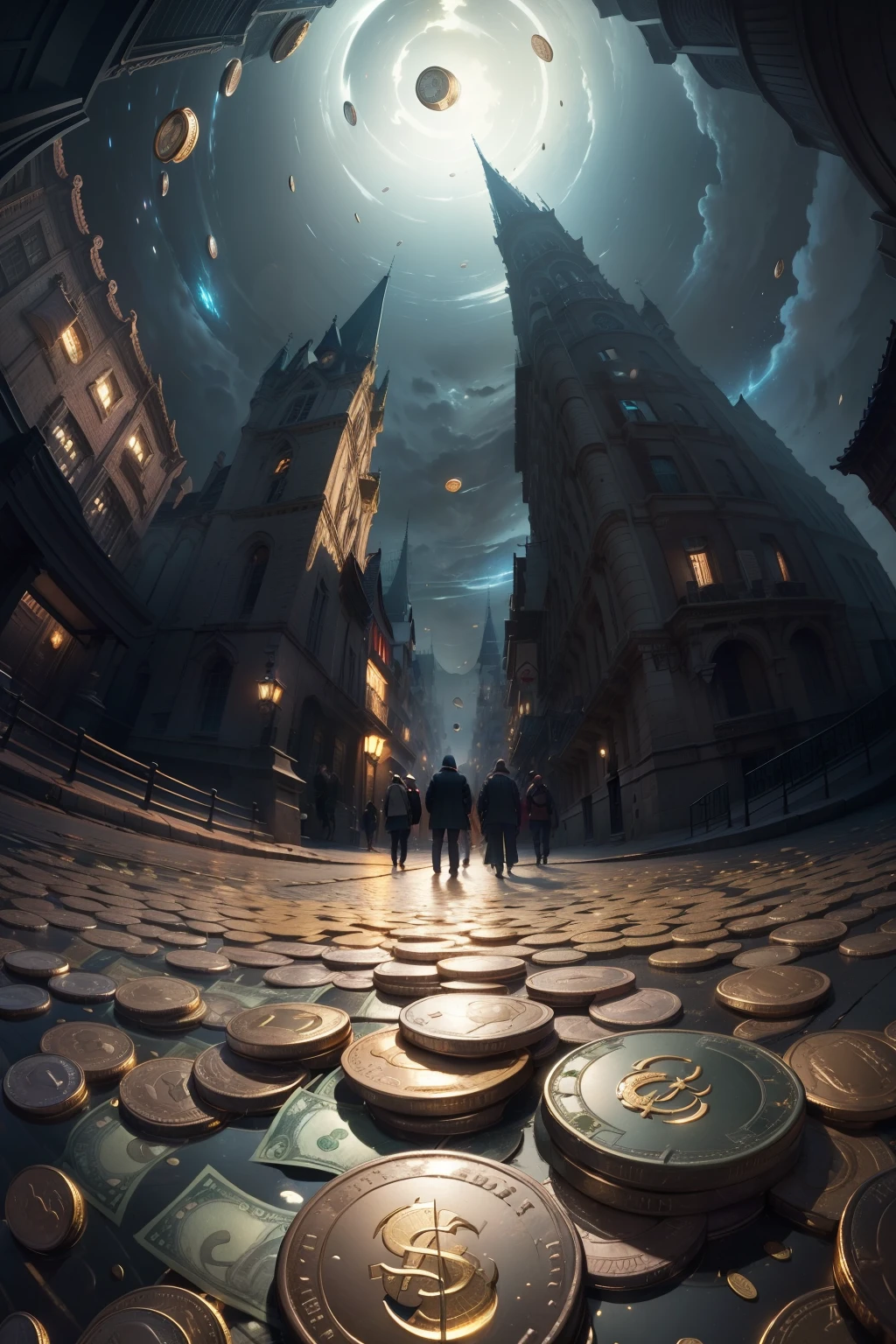 night time,((money coins falling on the street)),This artwork is presented in stunning UHD resolution, allowing you to appreciate every nuance and intricacy in breathtaking detail. View from below,fisheye,Eye level, scenic, masterpiece,mtg art,magic the gathering art.