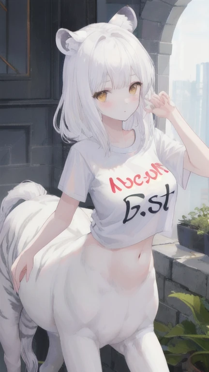 (best quality, masterpiece), 1 girl, centaur, It takes,White skin,,beautiful lower body skin, belly button t-shirt, 아름다운 소녀 perfect white tiger photo, perfect white tiger photo