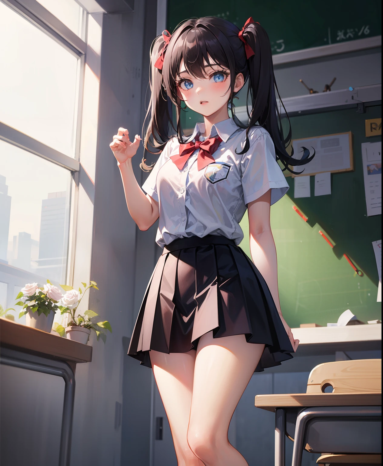 1 girl, , Dynamic posing, different pose, Arrange pose,Top quality work, twin tails hair, Show Legs,(long white hair),(blue eyes), Rose cheeks, Pretty Face, A perfectly proportioned face, school white shirt with red bow and black skirt, shirt tucked into skirt, (school uniform), (school white shirt), white stockings，school, in classroom,  round small breasts