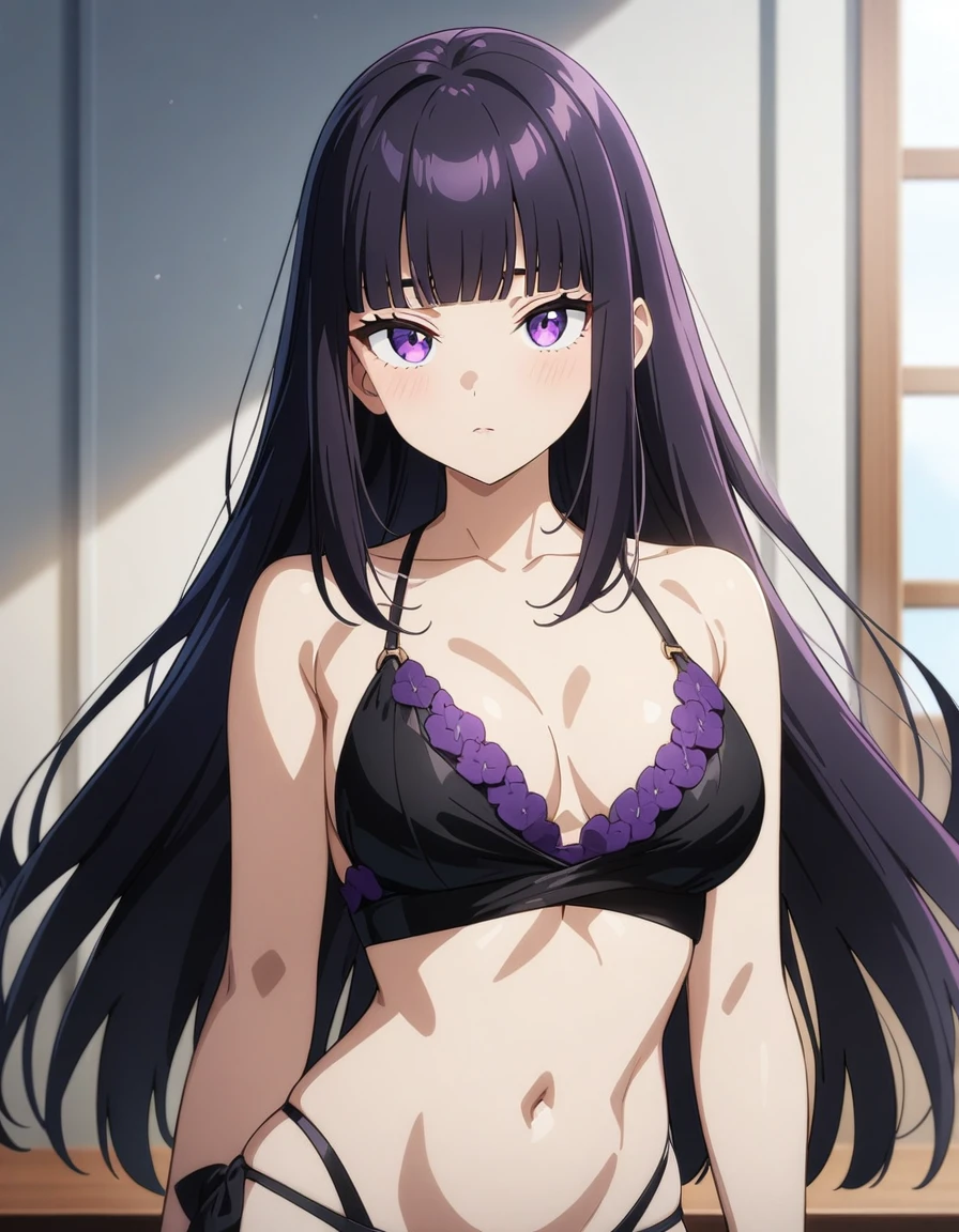 masterpiece, best quality, very aesthetic, absurdres, 1girl, beautiful face, slant eyes, blunt bangs, black violet hair, shaggy hair, straight hair,full bust, glamorous, bikini, anime artwork, highly detailed, cowboy shot, looking at viewer