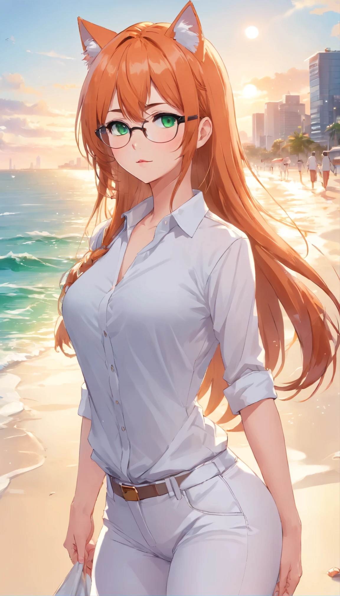 (masterpiece, Best quality), 8K, ultra detailed, realistic photo, Detailed face, perfect lighting, green eyes, bright orange hair, bright hair, fox ears, nice legs, side photo, beautiful, Cute, skin pores, 1 girl, perfect shirt, fully dressed, beautiful women 30 years old, Beautiful proportions, Russian woman, Caucasian, European, Business lady, stunningly beautiful woman, mother, thick legs, show ass, big breasts, (Thin white shirt:1.4), thick, hot, (White Office Wear:1.4), tight pants, (wide hips:1.2), thick, (white Office pants:1.3), spread your legs, Legs open, full length, wide hips, Glasses, with long orange hair, standing on the beach near the ocean, green eyes detailed digital anime art, cat ear, anime girl with long hair, гладкое аниме cg art, anime girl with long hair, digital anime art, work in Guweiz style, Beautiful anime portrait, Photorealistic render of an anime girl, pantyhose, Beautiful anime girl, advanced digital anime art, guweiz на artstation pixiv HD UHD HQ
