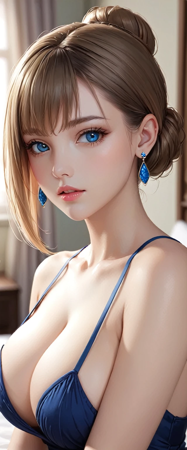 android18, bangs, bare shoulders, bed, blue eyes, blurry, blurry background, , brown hair, cleavagrbone, earrings, hair bun, indoors, jewelry, large breasts, lips, at viewer, off shoulder, realistic, solo, upper body