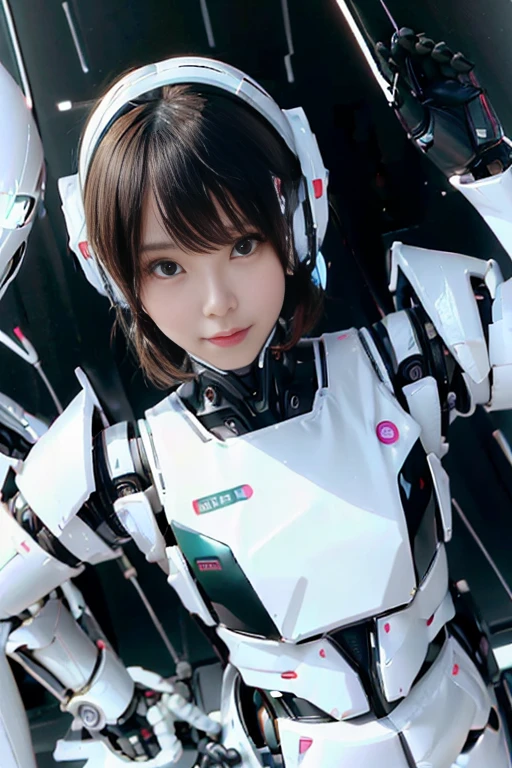 A girl in a futuristic bright white heavily armored robot suit takes a photo、perfect android girl, Female cyborg body, Perfect anime cyborg woman, Beautiful female android!, Female Robot, completely robot!! girl, Cute cyborg girl, Cyber Suit, Girl wearing mecha cybernetic armor, Cyber Suit, beutiful white girl cyborg, Beautiful female android, Beautiful girl cyborg、Cute cyborg girl with short bob hair、Beautiful android sculpture model、(Laughter)、((Rounded, white, sturdy armor))、(((Equipped with long sensor antennas on both ears)))、(((Robot Girl)))、(((Android girls)))、