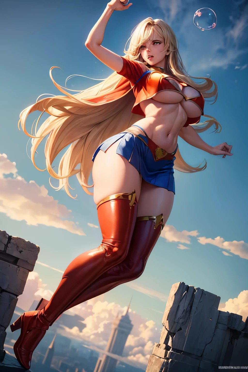 Professional colour photography, (full body), (upskirt:1.2), front profile of (superwoman:1.2), (flying:1.1) in the sky, clouds, (open top:1.1), (long and straight blond hairs) with bangs, (heavy breasts), (bubble butt), (wide hips:1.1), (slim waist:1.1), (thick thighs:1.1), (detailed face and eyes:1.2), (short mini skirt:1.1), (theatered cropped top:1.2), (thigh highs:1.1), (underboobs:1.2), 8k, photorealistic, dramatic lighting, (detailed skin), extremely detailed outfit, extremely detailed stomach, (detailed hand and finger:1.2), (medium breasts:1.2), (busty), (deep cleavage:1.2), (labia outline:1.3), (hard teat:1.3).