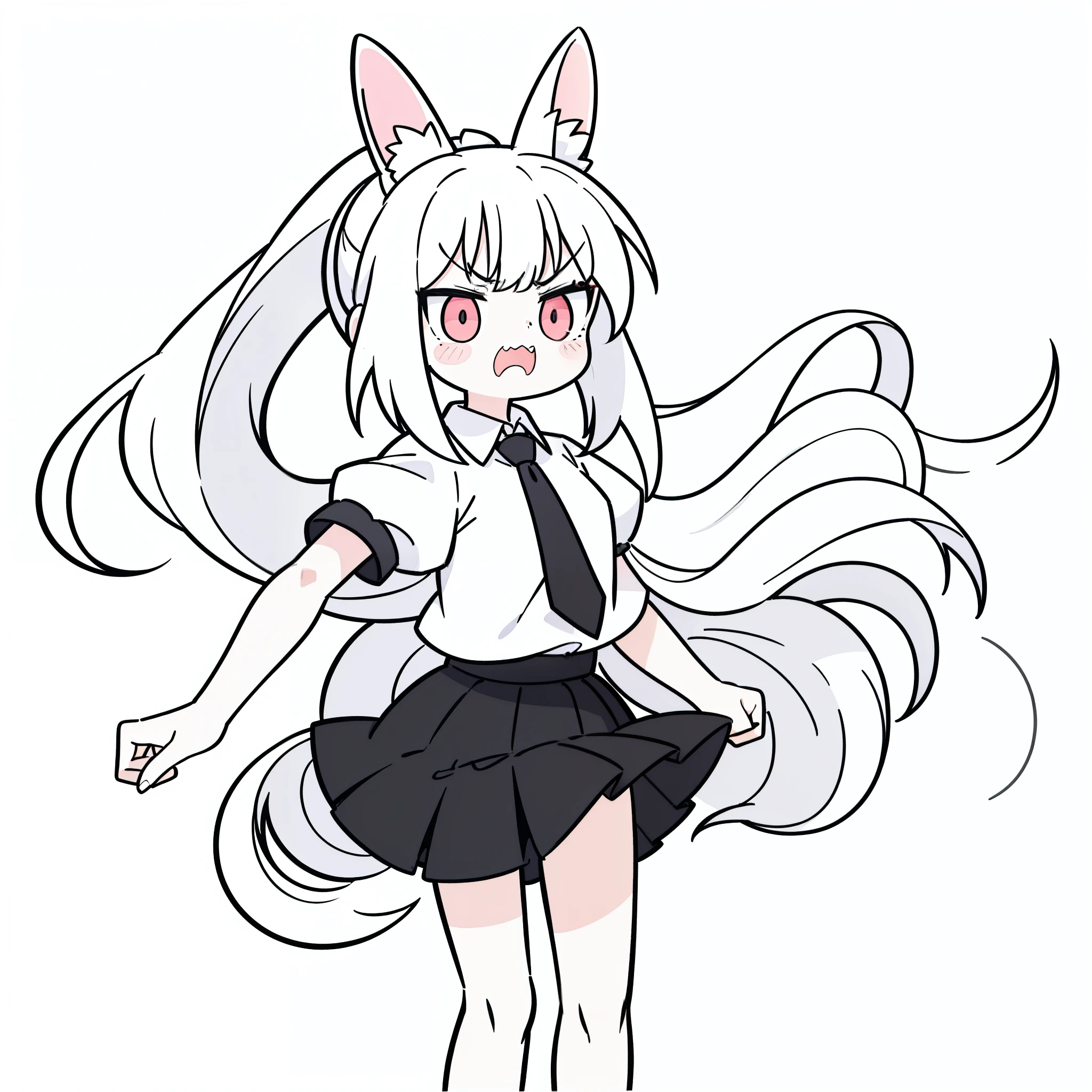 1girl,((white background,line drawing)),small hair,white hair, ponytail,long locks,((white shirt,short sleeves,black standart tie, skirt)),sharp teeth,rabbit ears, screenshot，exaggerated poses，angry，cute，White background，Style cute-ar 3:4-ni ji 5