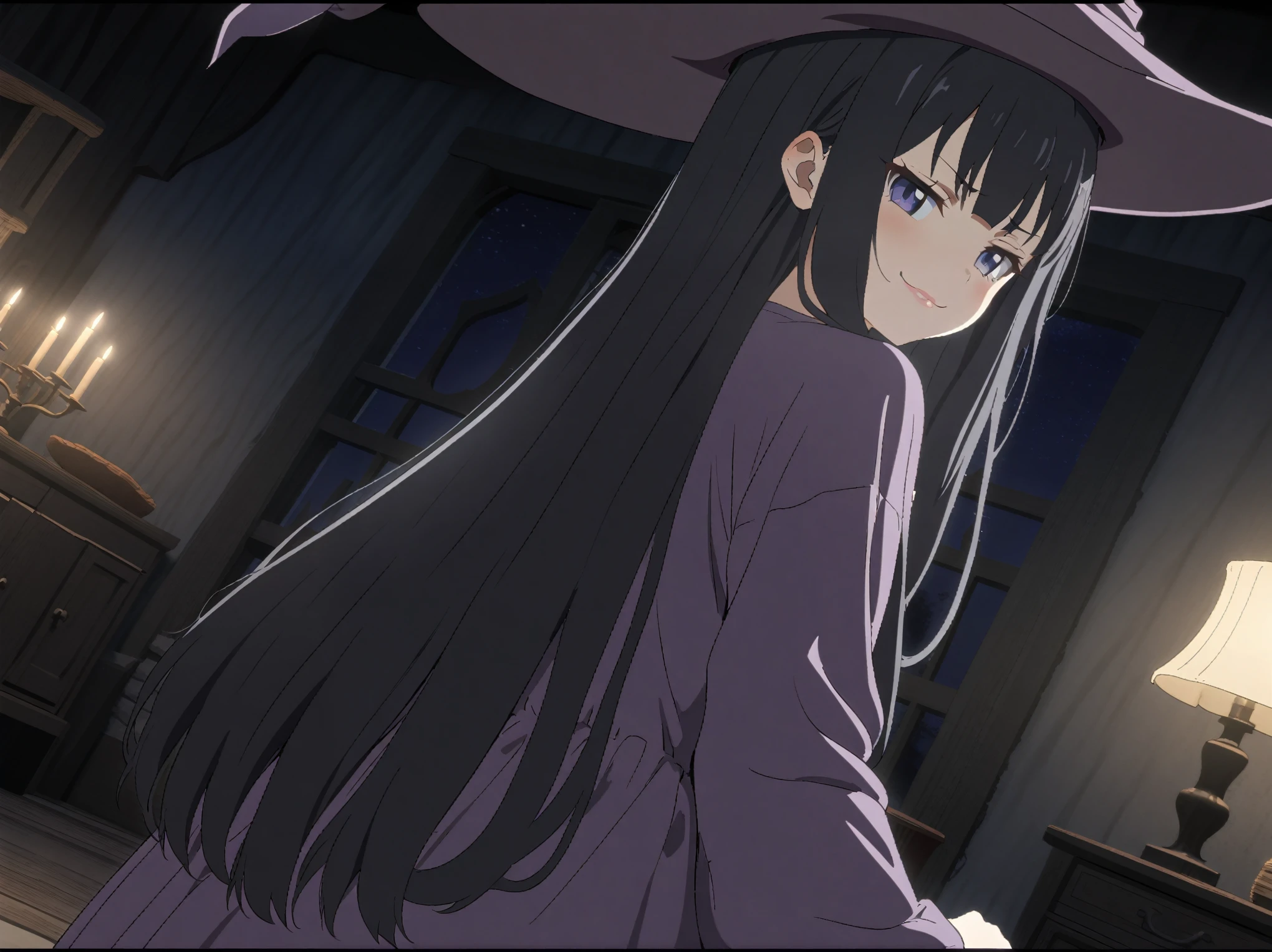 {{cowboy shot, dutch angle}} {{Artist: sincos}} 1girl, solo, black hair, long hair, purple eyes, straight hair, blue eyes, lips, small breasts, purple robe, witch hat, smug, dark, night, indoors, mansion, dining room, looking back, from behind, pov, medieval fantasy.
