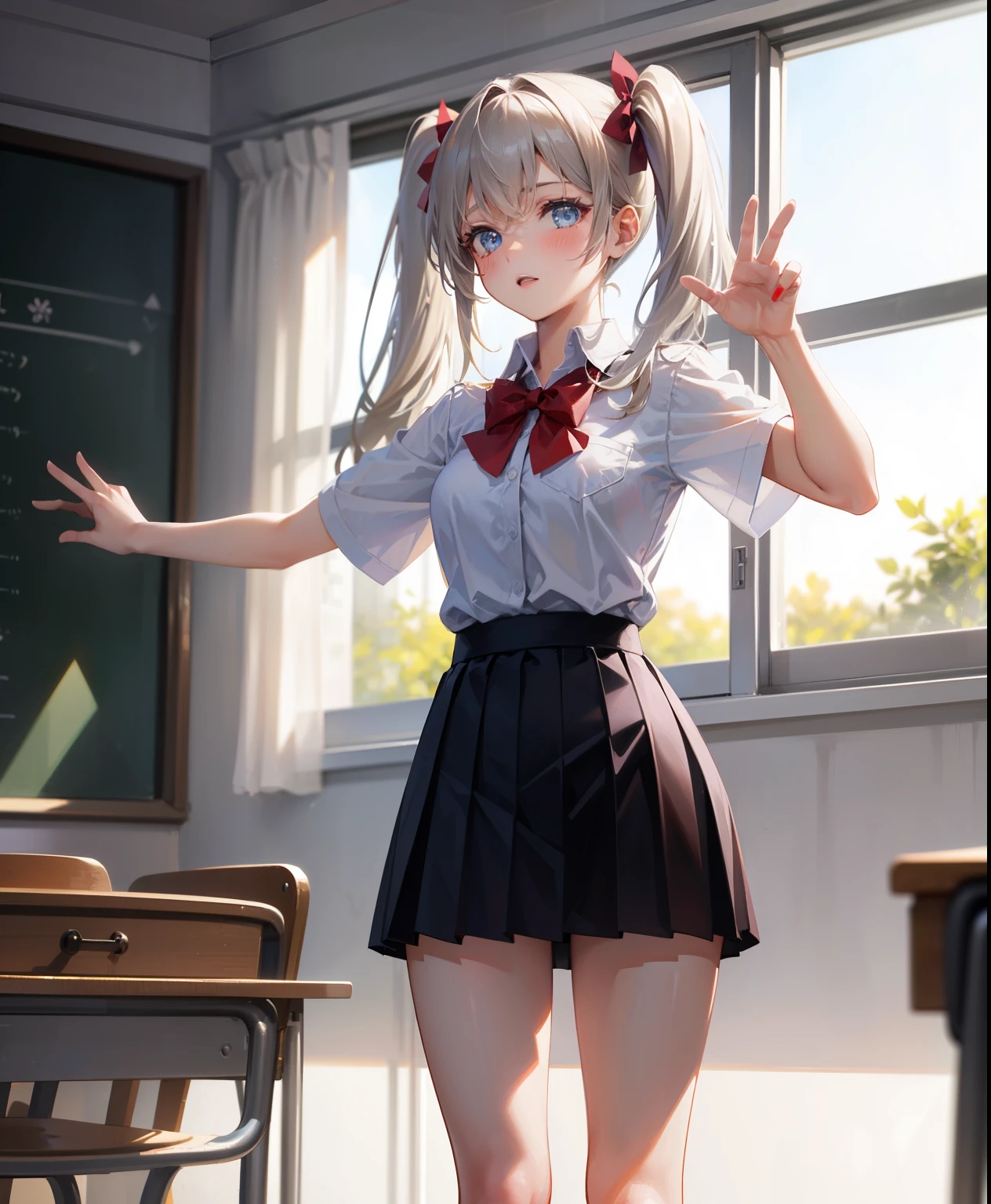 1 girl, , Dynamic posing, different pose, Arrange pose,Top quality work, twin tails hair, Show Legs,(long white hair),(blue eyes), Rose cheeks, Pretty Face, A perfectly proportioned face, school white shirt with red bow and black skirt, shirt tucked into skirt, (school uniform), (school white shirt), white stockings，school, in classroom,  round small breasts