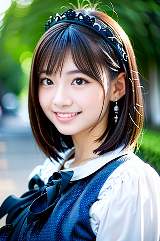 (Highest quality details:1.2), Realistic, 8K Ultra HD, High resolution, Fujifilm(Medium format), Hasselblad, Carl Zeiss, Incredible dynamic range photography(utility_art：Smoose-768:1.1), (One Girl:1.2), Super detailed, High quality textures, Intricate details, detailed, Very detailed CG, High Quality Shadows, detailed Beautiful and delicate face, detailed Beautiful and delicate eyes, Depth of written boundary, Ray Tracing, 18 years old, Cute Japanese Girl, Narrow Face, Glossy lips, Glowing Eyes, Glowing Eyes, Perfect body, View the viewer, (Jewelry Earrings), (Eye Color: Brown), (Bright red flower hair ornament), (Long white hair), (Layered Hairstyles), (Classic Gothic Lolita:1.5), Fashion Model Style, face close up, smile