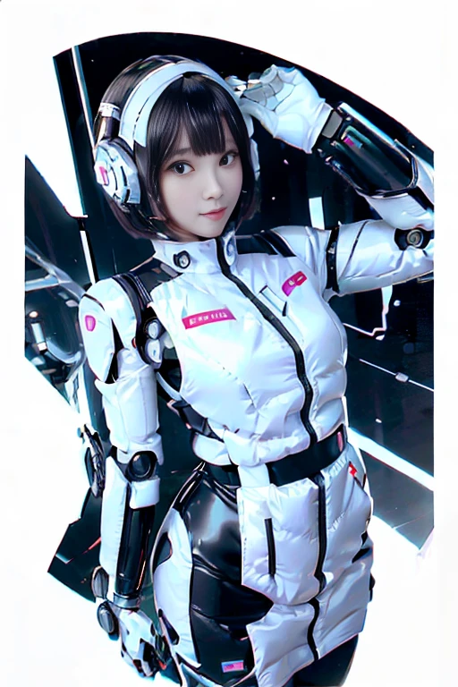 A girl in a futuristic bright white heavily armored robot suit takes a photo、perfect android girl, Female cyborg body, Perfect anime cyborg woman, Beautiful female android!, Female Robot, completely robot!! girl, Cute cyborg girl, Cyber Suit, Girl wearing mecha cybernetic armor, Cyber Suit, beutiful white girl cyborg, Beautiful female android, Beautiful girl cyborg、Cute cyborg girl with short bob hair、Beautiful android sculpture model、(Laughter)、((Rounded, white, sturdy armor))、(((Equipped with long sensor antennas on both ears)))、(((Robot Girl)))、(((Android girls)))、