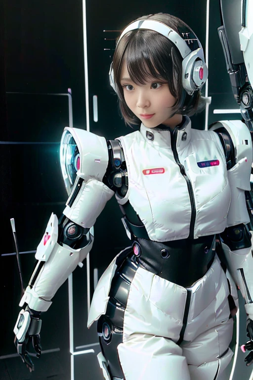 A girl in a futuristic bright white heavily armored robot suit takes a photo、perfect android girl, Female cyborg body, Perfect anime cyborg woman, Beautiful female android!, Female Robot, completely robot!! girl, Cute cyborg girl, Cyber Suit, Girl wearing mecha cybernetic armor, Cyber Suit, beutiful white girl cyborg, Beautiful female android, Beautiful girl cyborg、Cute cyborg girl with short bob hair、Beautiful android sculpture model、(Laughter)、((Rounded, white, sturdy armor))、(((Equipped with long sensor antennas on both ears)))、(((Robot Girl)))、(((Android girls)))、